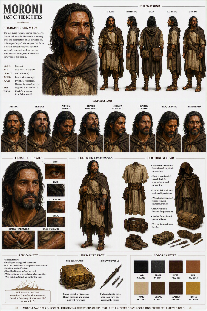 Moroni, Last of the Nephites — generated character reference sheet showing turnaround views, expressions, close-up details, clothing and gear, personality notes, signature props, and color palette