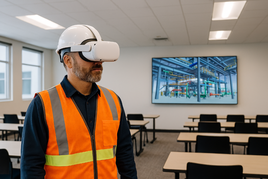 Industrial worker wearing VR headset and hard hat in a training room, with a 3D refinery model visible on the screen behind