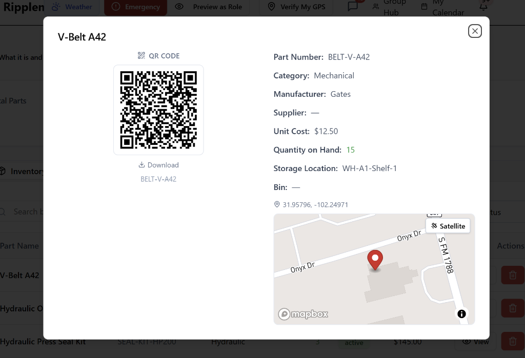 Ripplemesh QR Code record card — V-Belt A42 parts inventory scan