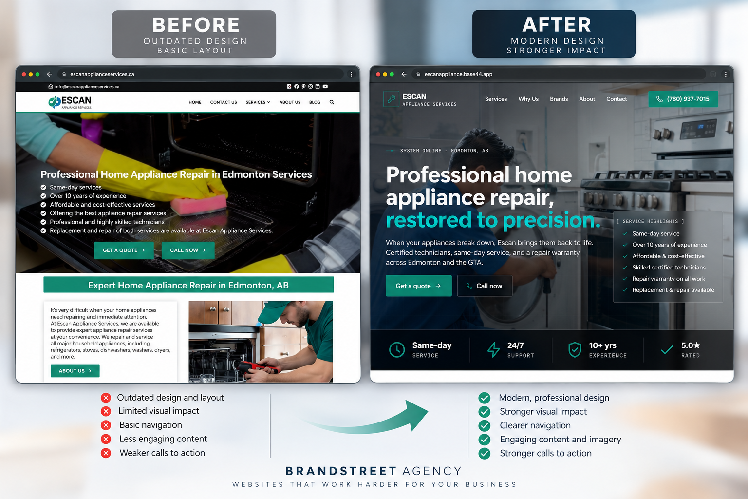 Escan Appliance Services website redesign — before and after