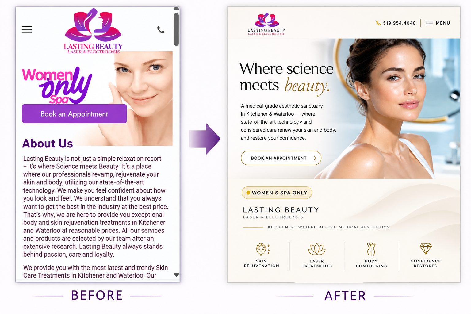 Lasting Beauty website redesign — before and after