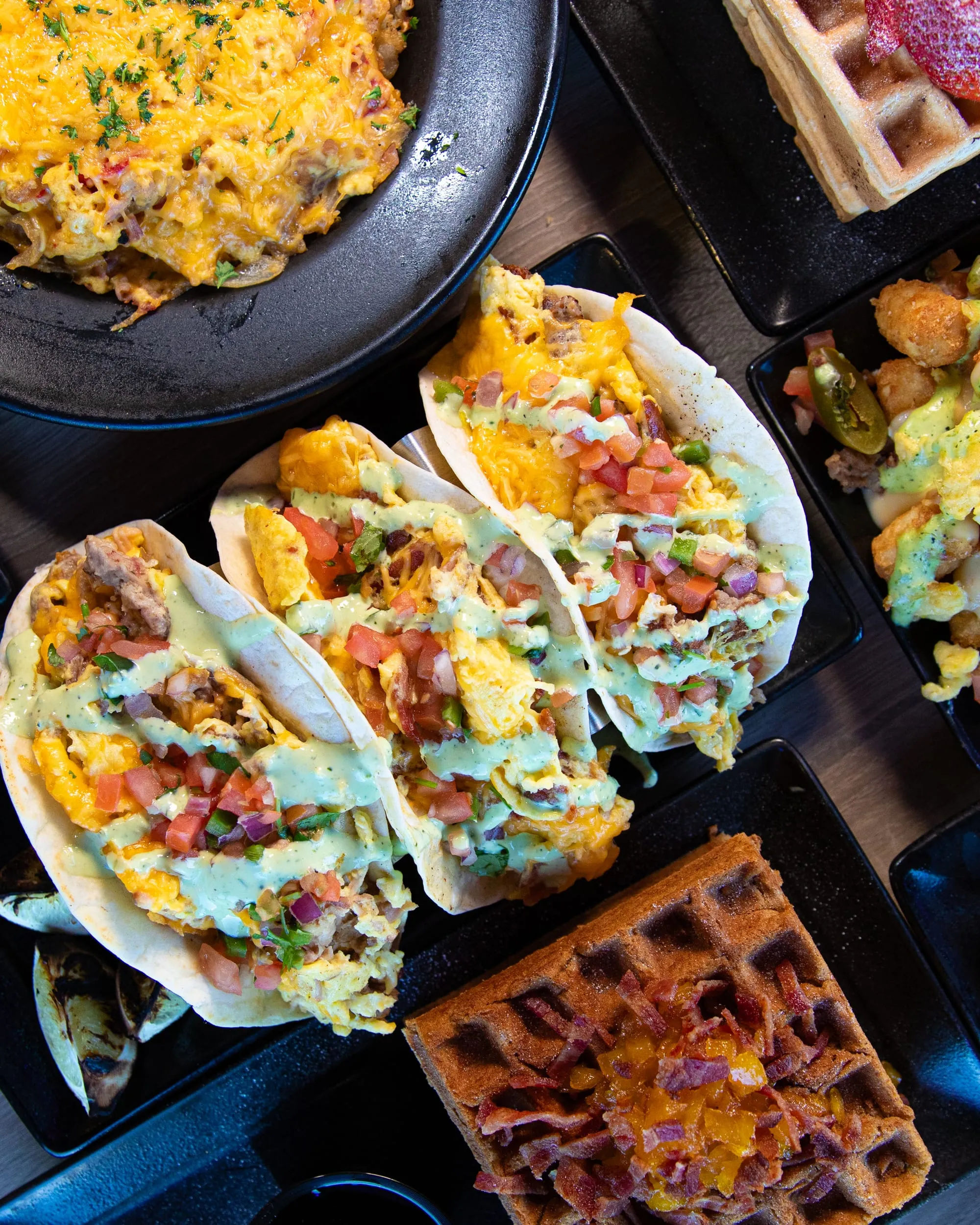 A brunch spread on a table at Lookout Tavern