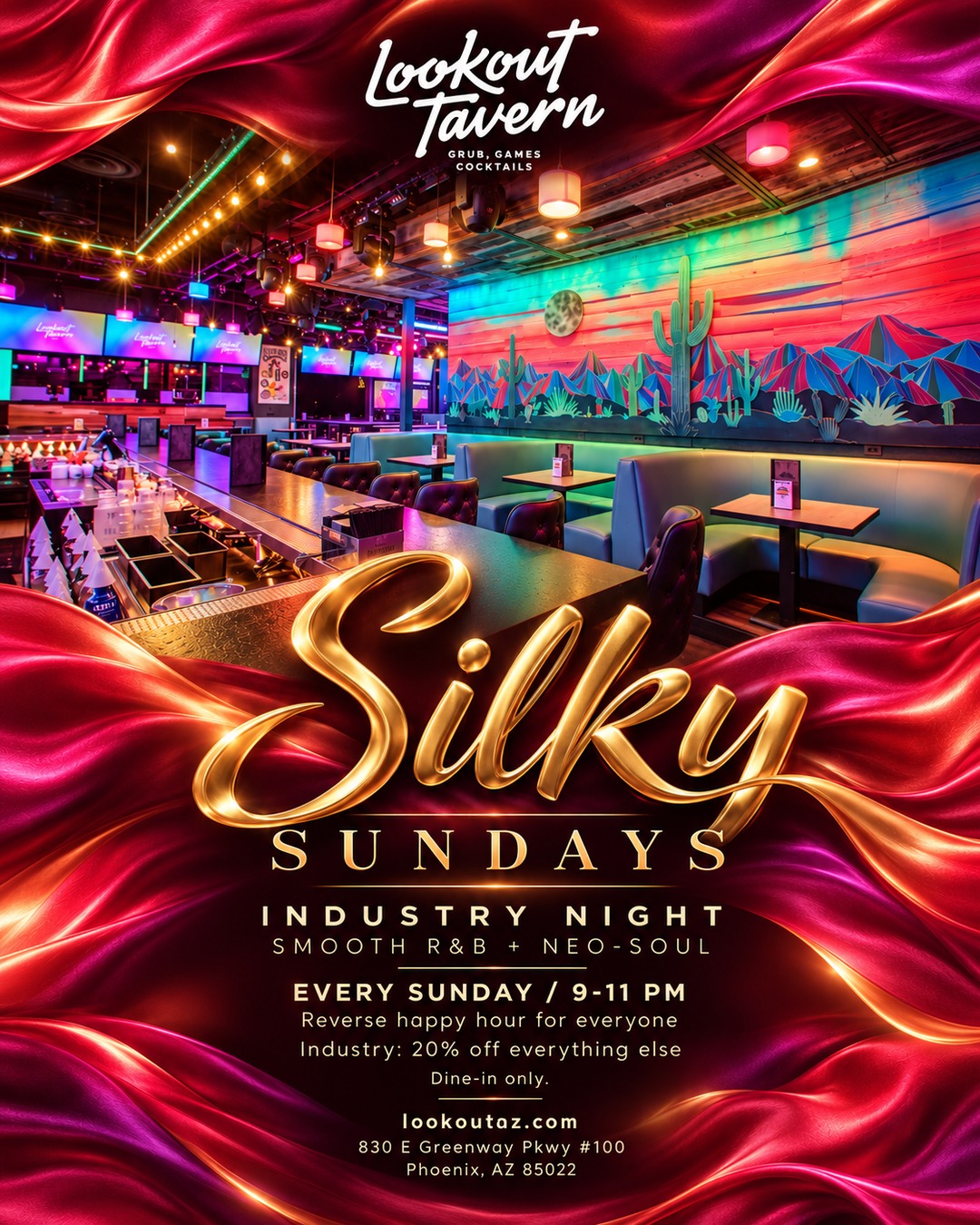 Silky Sundays at Lookout Tavern: industry night, smooth R&B and neo-soul, every Sunday 9pm-11pm. Reverse happy hour for everyone, industry 20% off everything else. Dine-in only.