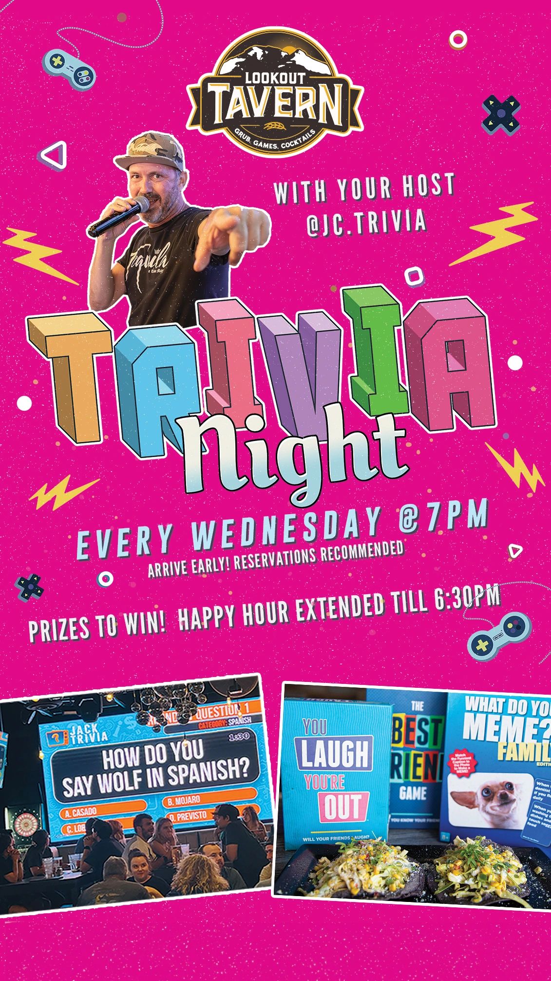 Trivia Night flyer: every Wednesday at 7pm, prizes to win, happy hour extended until 6:30pm, hosted by JC Trivia