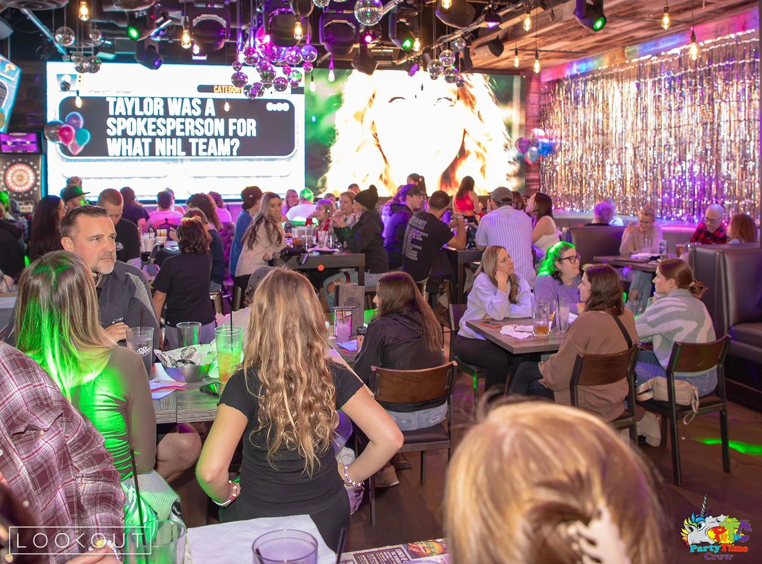 A full room playing trivia with the question up on the big screen