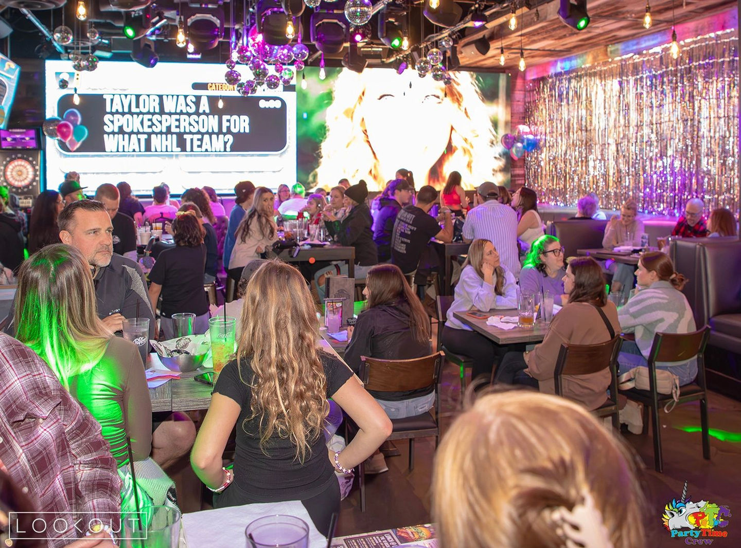 A full room playing trivia with the question up on the big screen