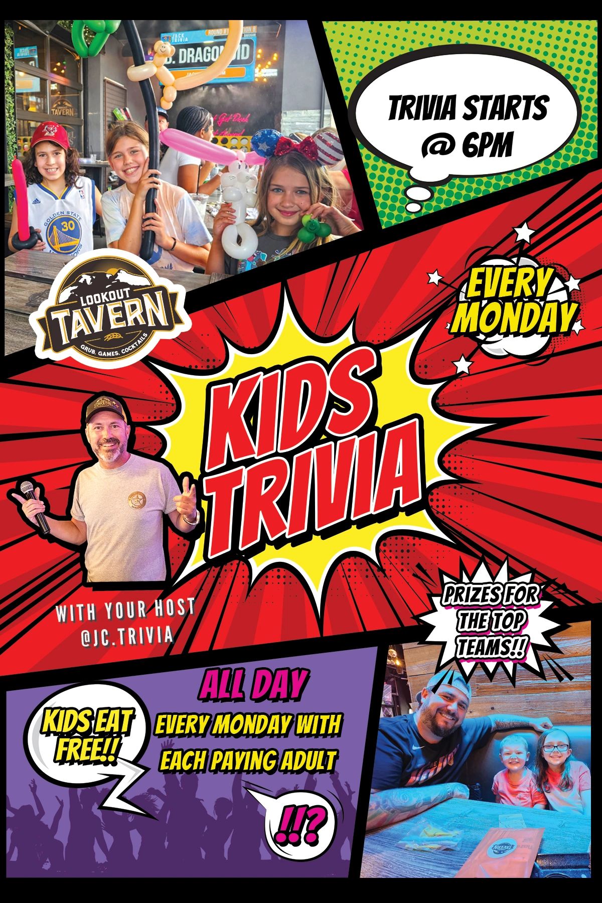 Kids Trivia flyer: every Monday, trivia starts at 6pm, kids eat free all day with each paying adult, hosted by JC Trivia