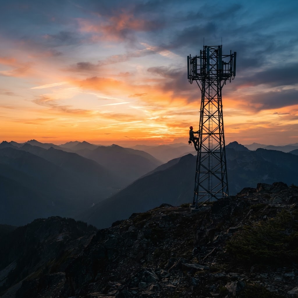 Telecommunications tower on a mountain summit at sunset