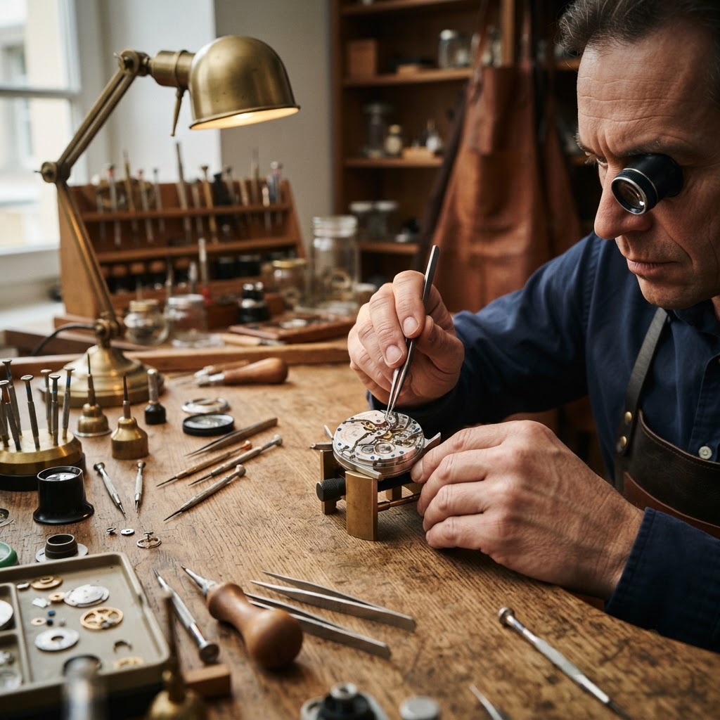 Atoz master watchmaker repairing a luxury mechanical watch at the workbench