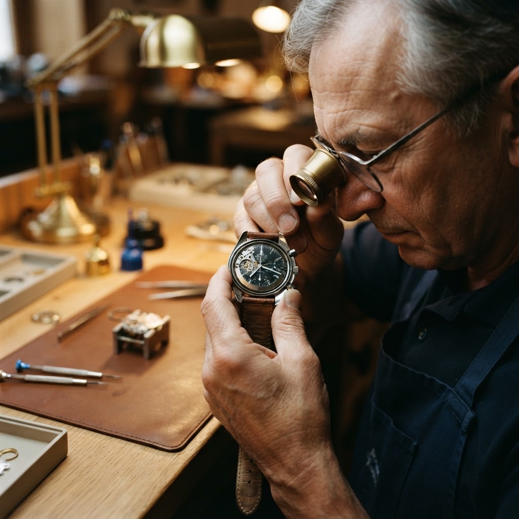 A master watchmaker inspecting a luxury wristwatch through a loupe at a workbench