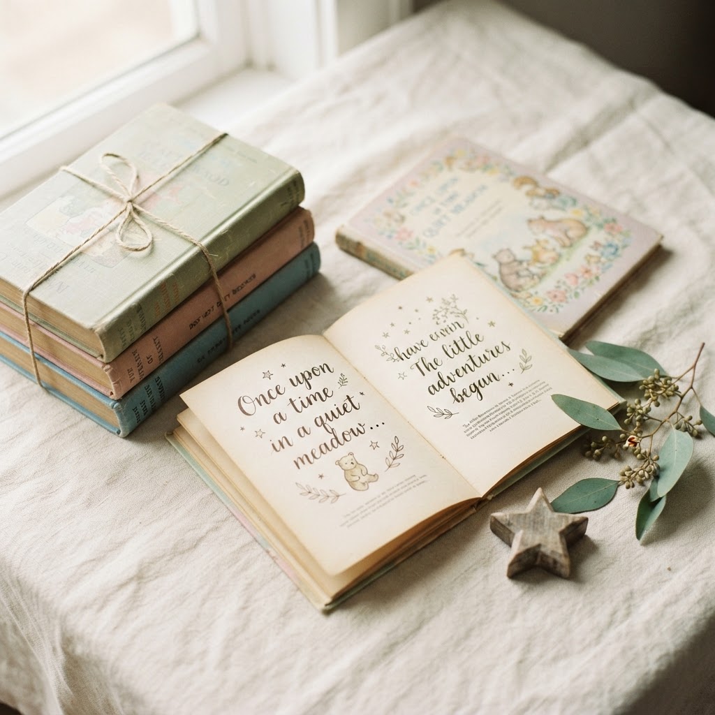A warm stack of vintage children's books with an open storybook