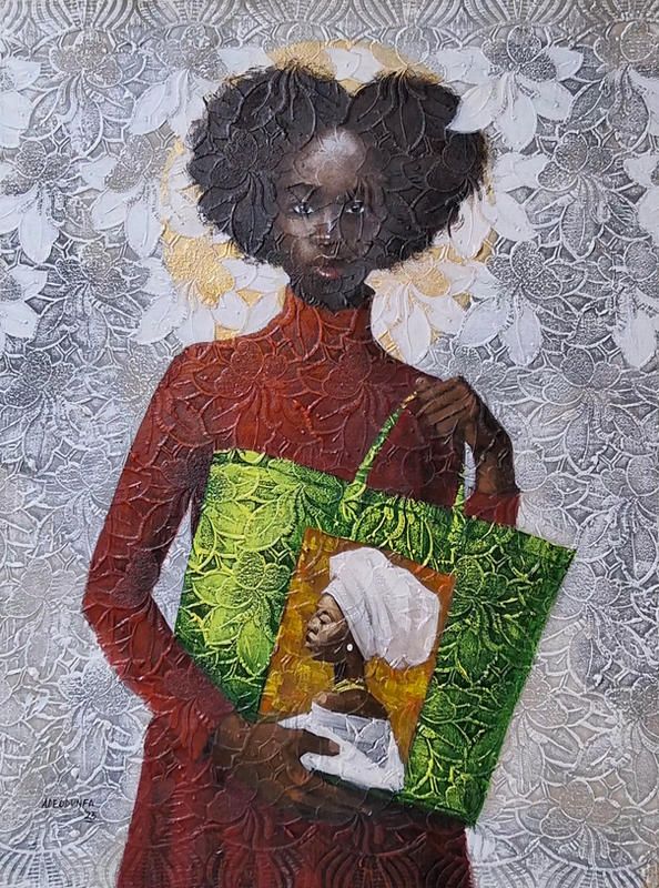 She Carries Us, Acrylic on Lace — Adeodunfa