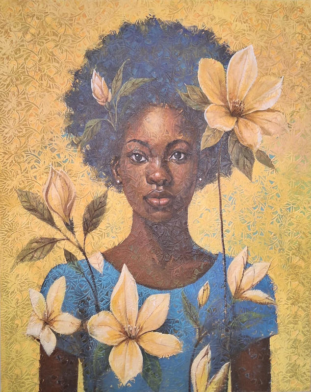 She Wears the Morning: painting of a woman with an afro adorned with pale magnolia blossoms, on a gold background