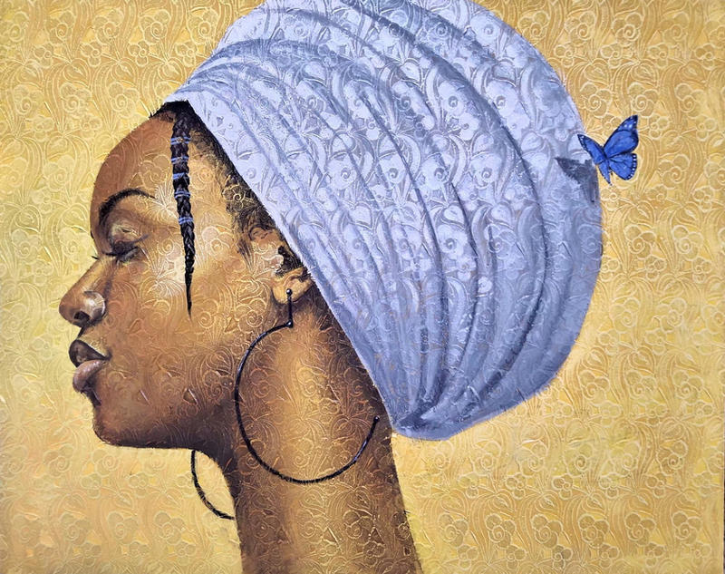 Quiet Wings: painting of a woman in profile wearing a lavender lace head wrap and hoop earring, with a blue butterfly, on a gold background