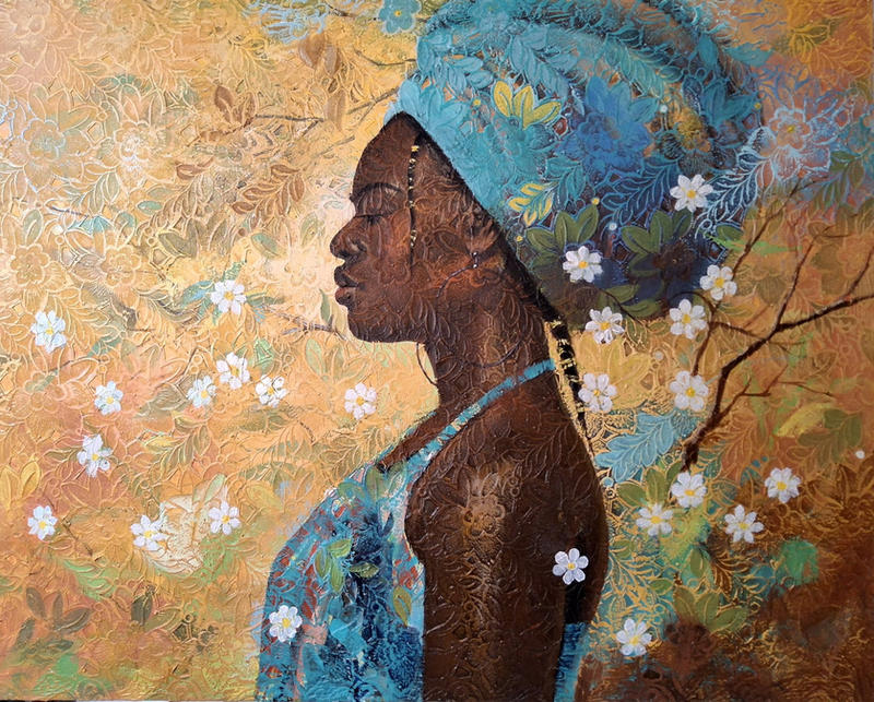 Blossom Keeper, Acrylic on lace — Adeodunfa
