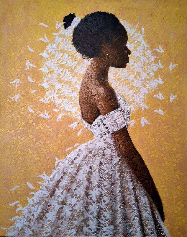 Petal Halo, Acrylic on lace — Adeodunfa