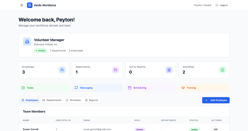 Manager Dashboard — team overview with employee stats, departments, and quick navigation