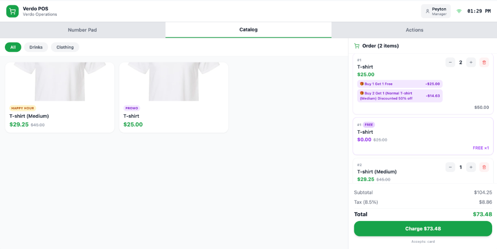 Main POS Interface — responsive tablet layout with catalog, cart, and action panels