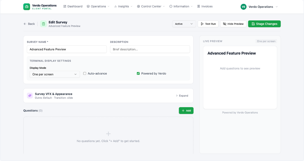 Survey Editor — main editor view with live preview panel