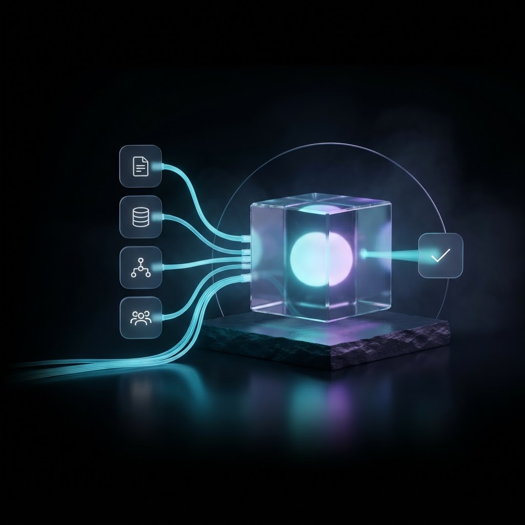 Glass cards of notes, templates, and goals flow into a glowing glass cube, producing a checked result.