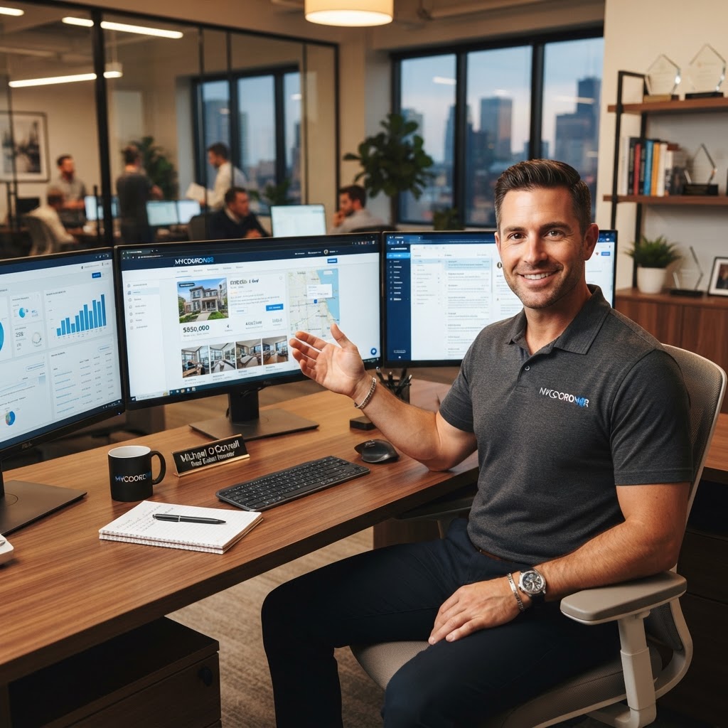 Real estate investor wearing a MyCoordn8r shirt at his desk