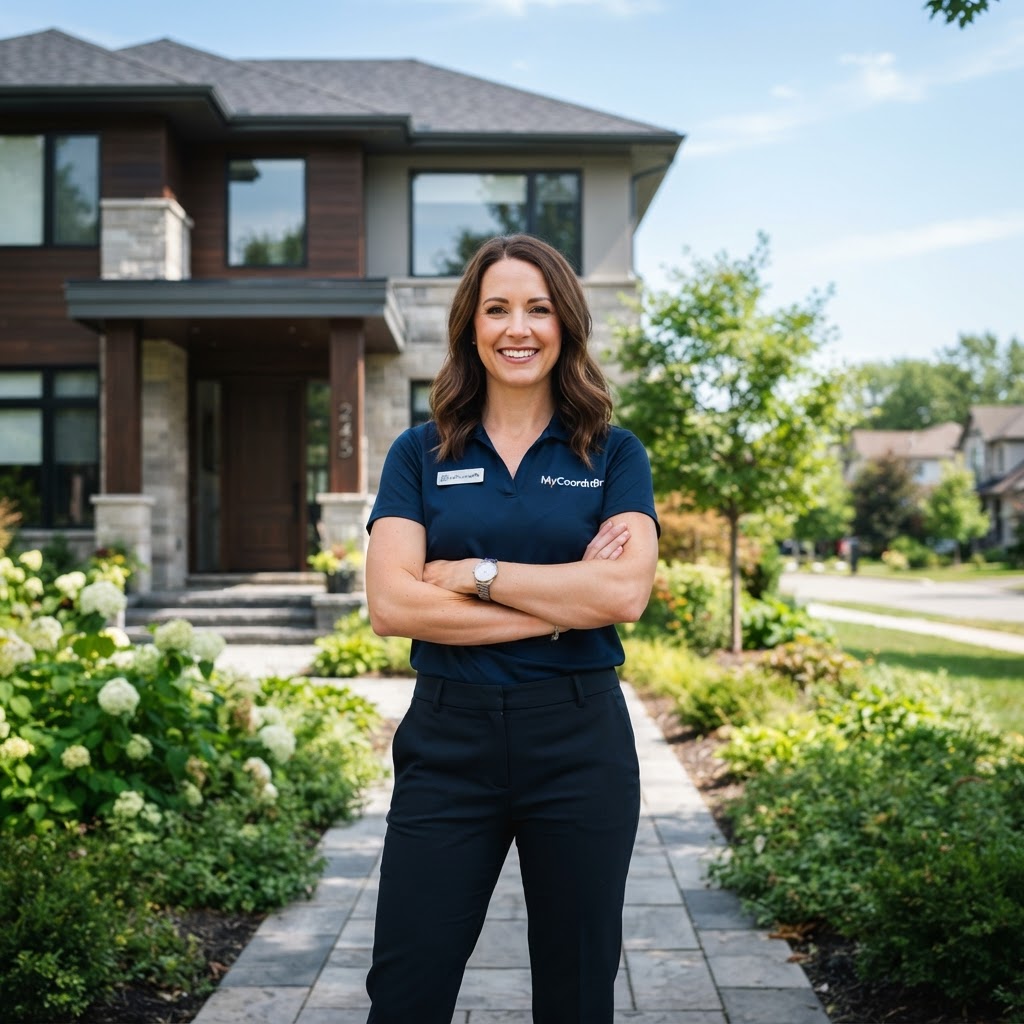 Real estate agent wearing a MyCoordn8r polo in front of a house