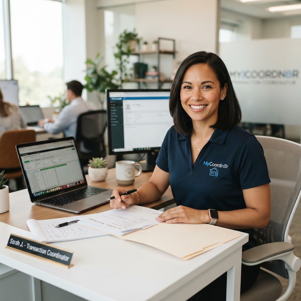 Transaction coordinator wearing a MyCoordn8r shirt in an office