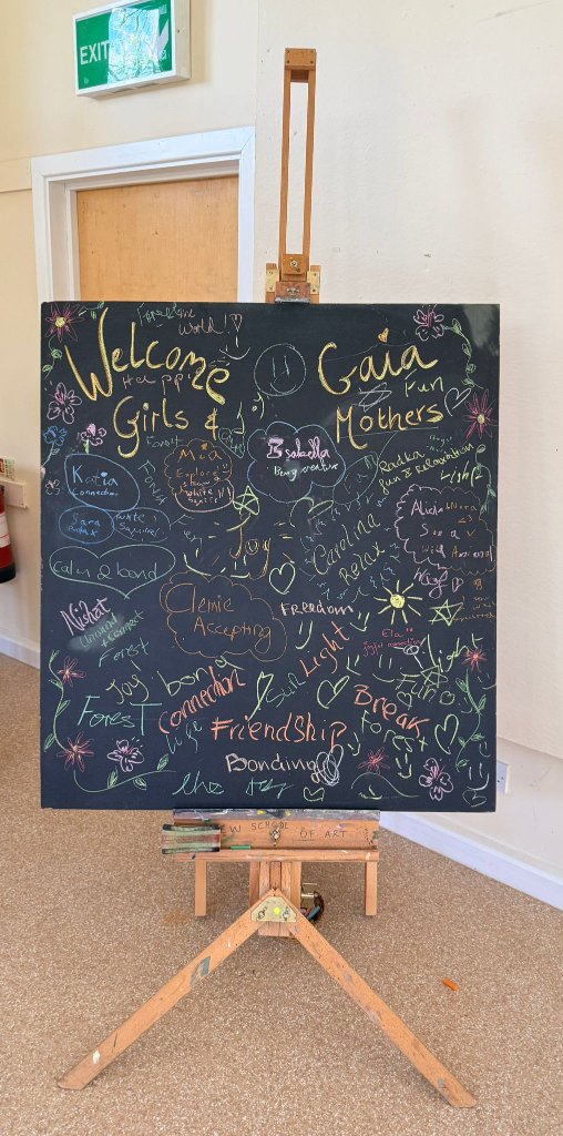 Welcome chalkboard with handwritten names and blessings