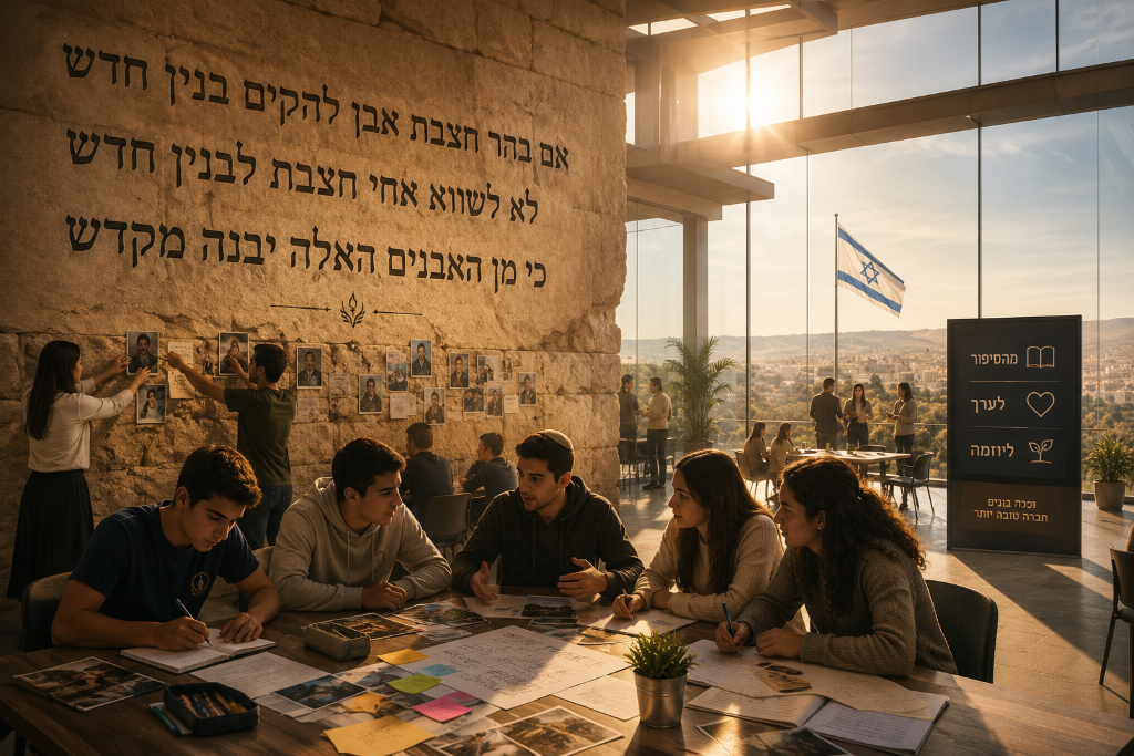 תלמידים ולוחם בשיחה סביב שולחן