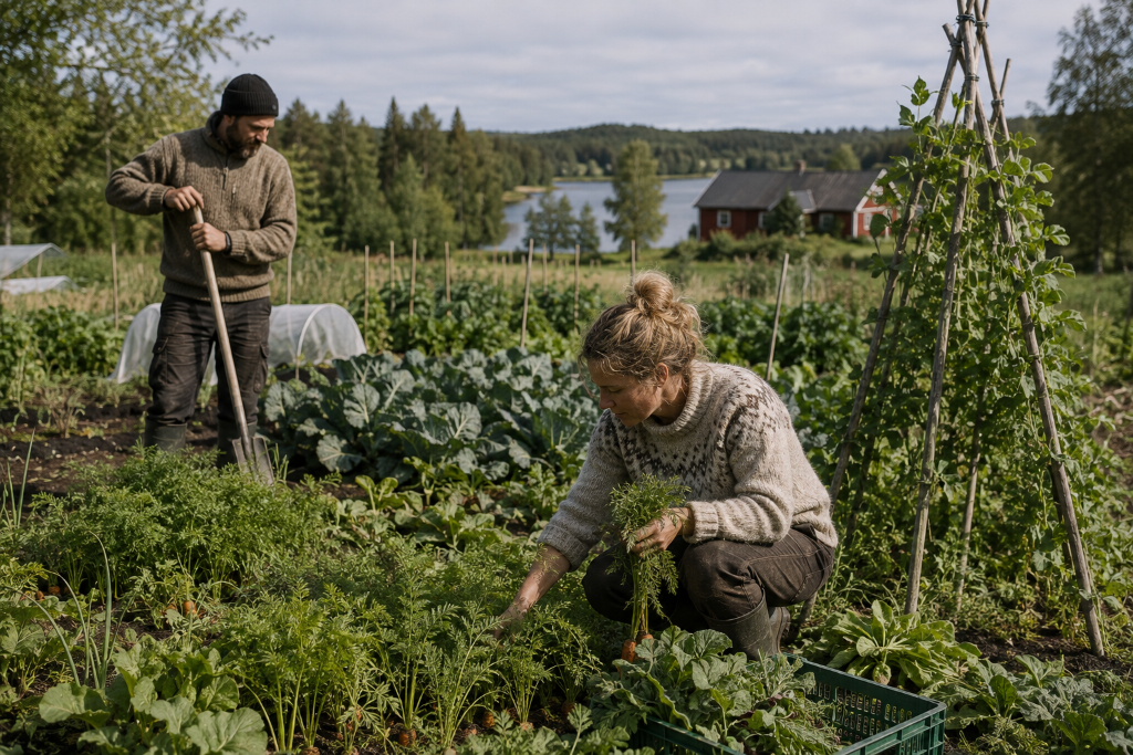 A couple harvesting carrots in a rural garden beside a Nordic lake