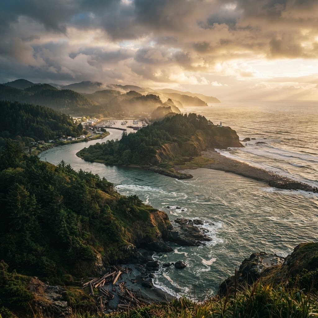 Reedsport Oregon Coast — Umpqua River meeting the Pacific Ocean at golden hour