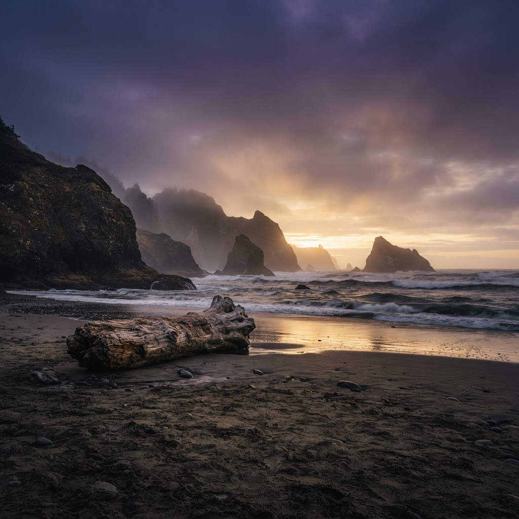 Oregon Coast at golden hour — dramatic cliffs, sea stacks, and misty waves