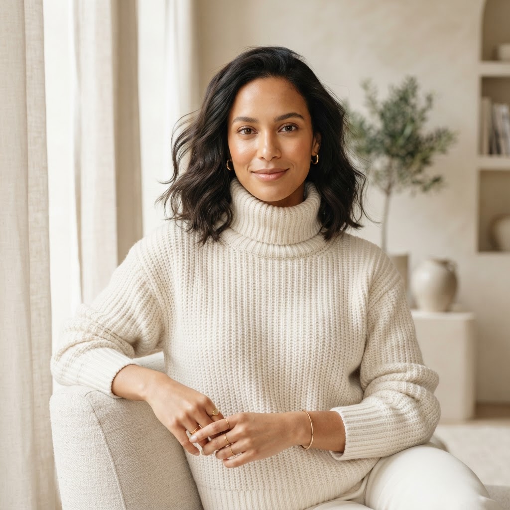 Woman wearing a cream turtleneck in soft daylight