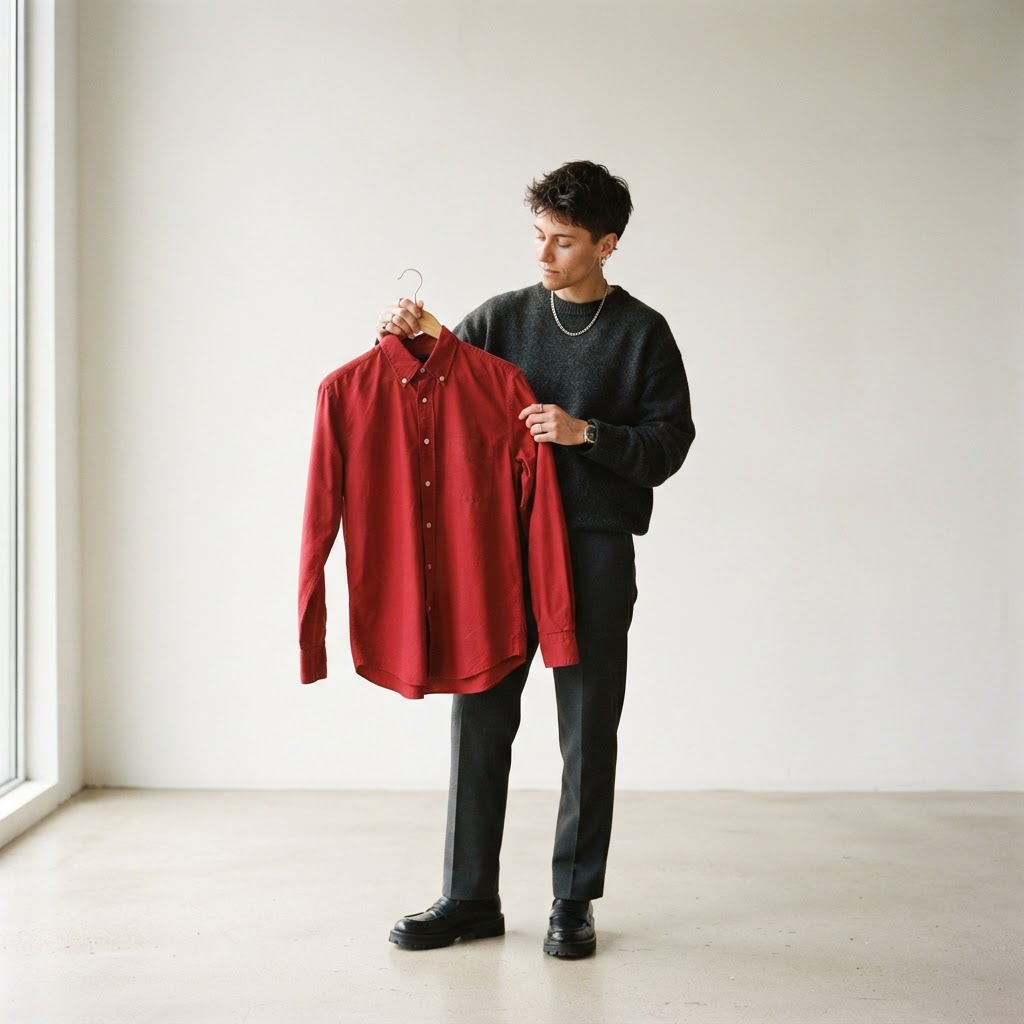 Person holding up a red shirt, deciding how to wear it