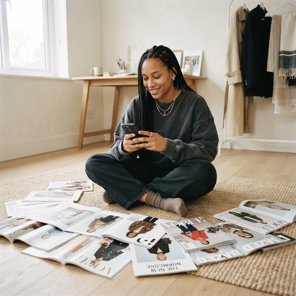Person browsing fashion inspiration on a phone surrounded by editorial pages