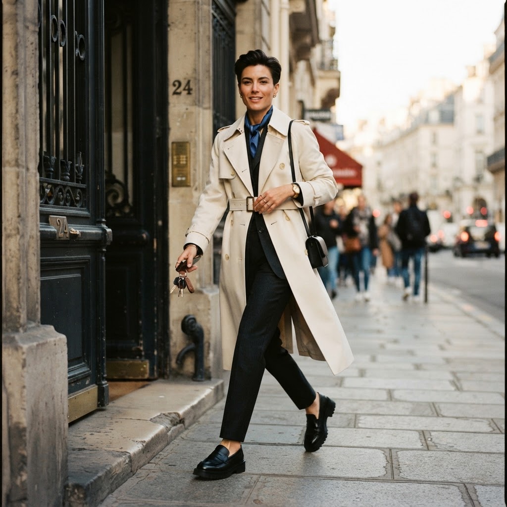 Person in a trench coat heading out the door, ready to go