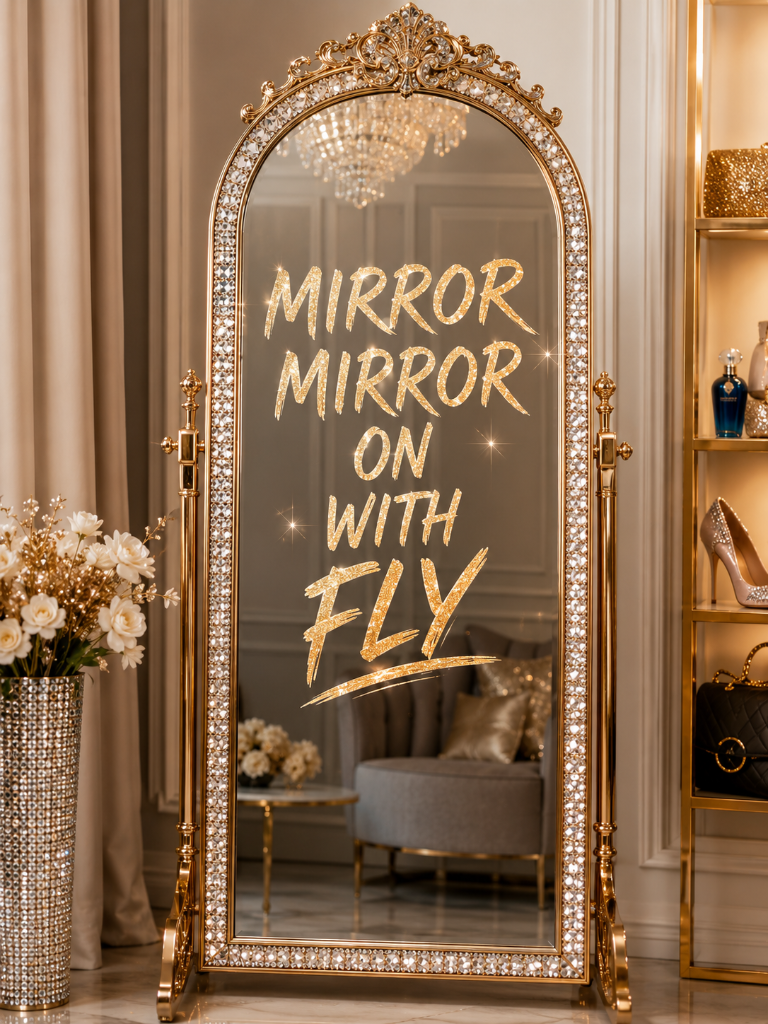 Ornate mirror with FLY message