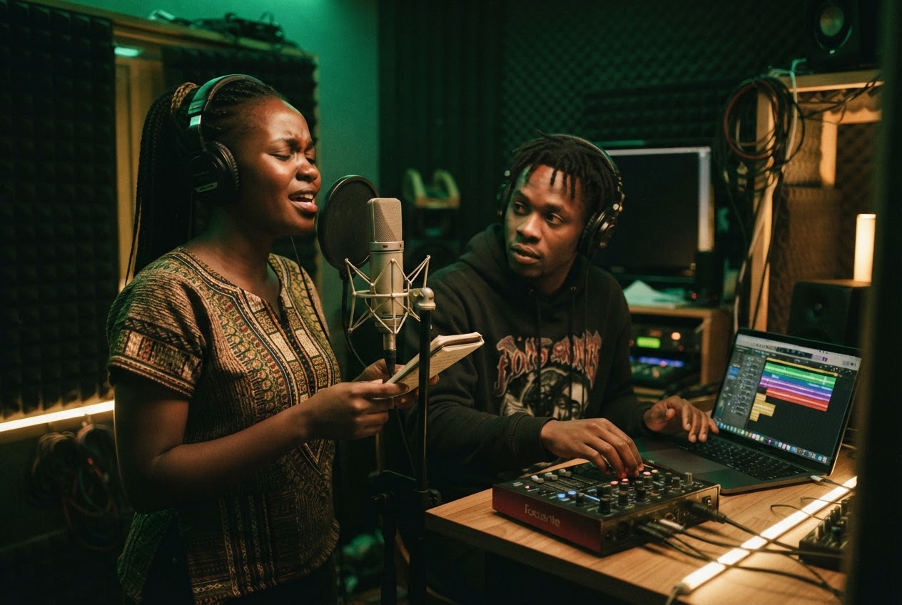 Singer and producer in a recording booth