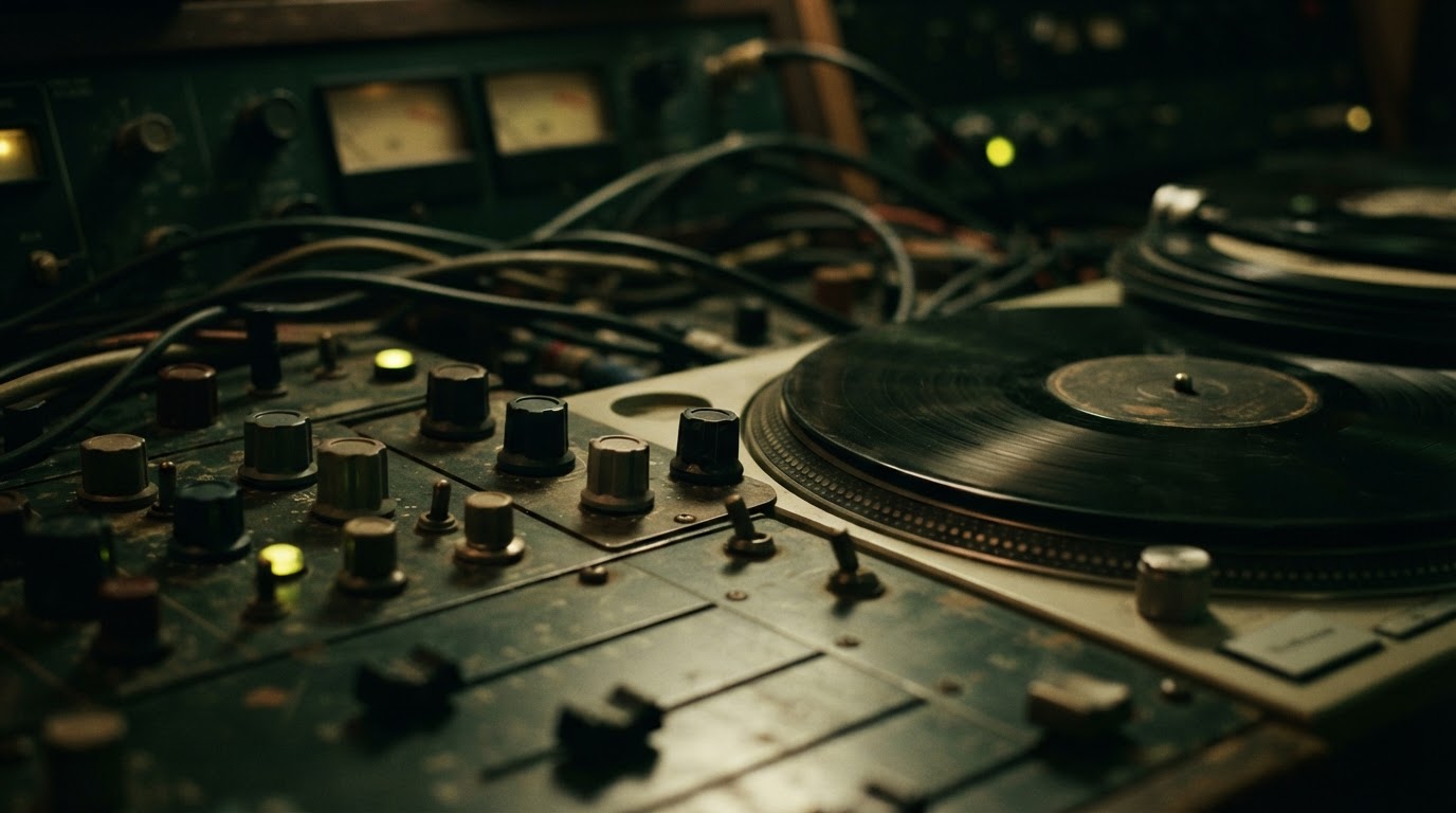 Mixing console and records in green light