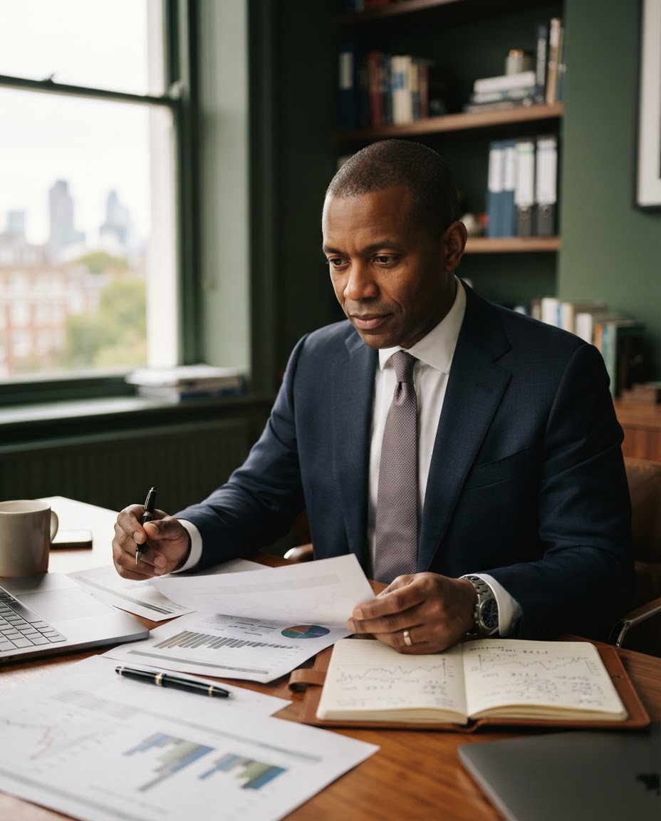Financial analyst reviewing documents