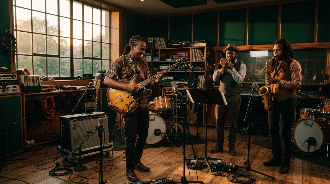 Guitarist and horn section in a sunlit studio