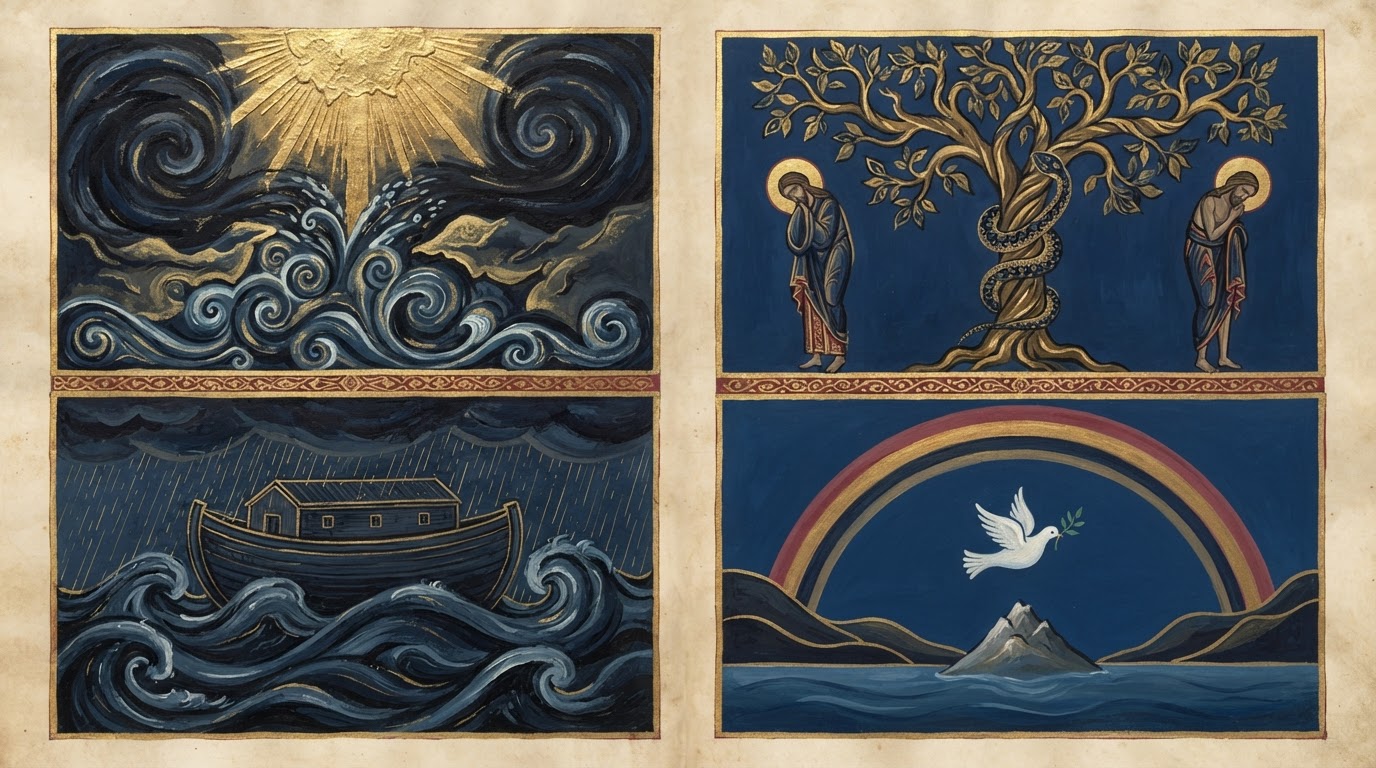 Four medieval illuminated panels of creation, fall, flood and rainbow
