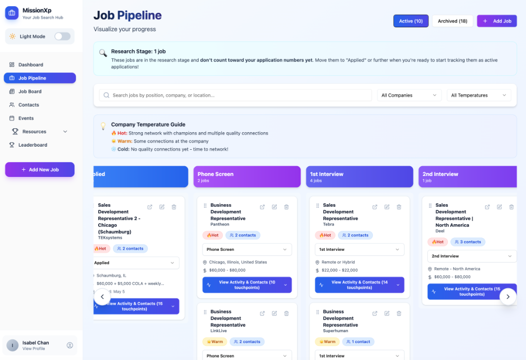 MissionXP Job Pipeline showing kanban board with Applied, Phone Screen, 1st Interview, 2nd Interview stages