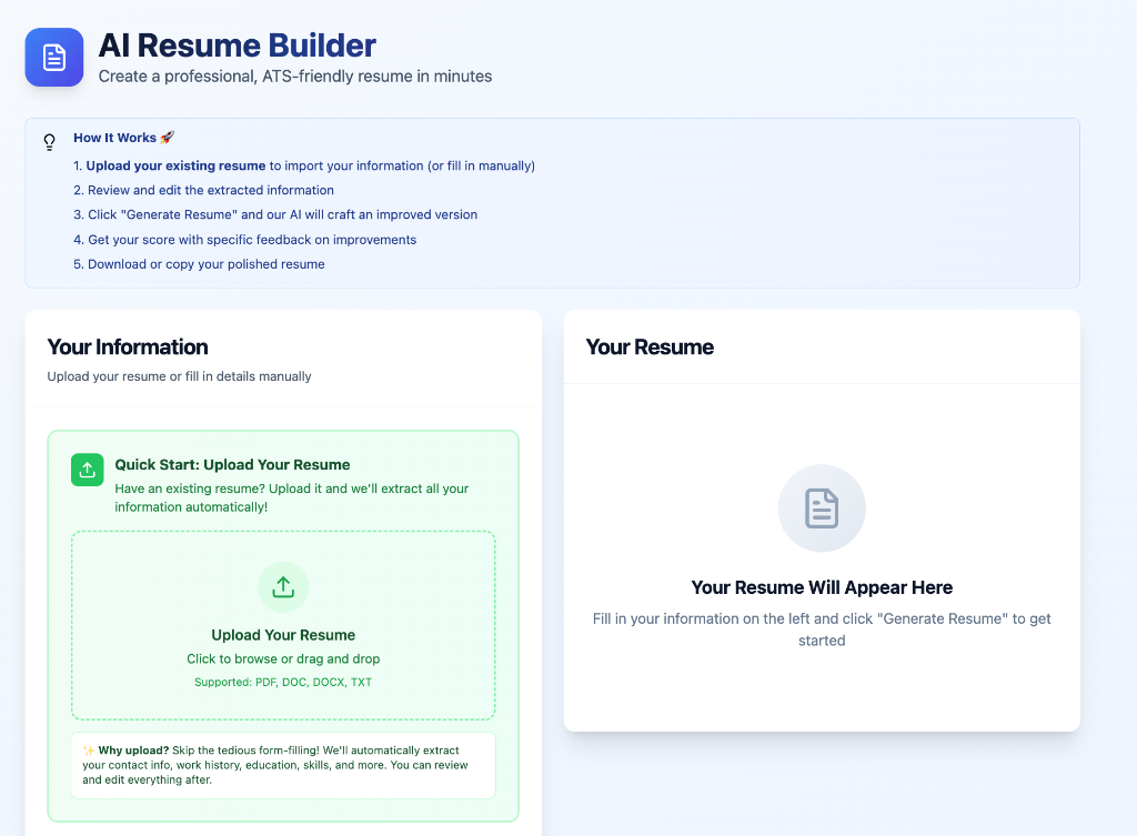 MissionXP AI Resume Builder with upload and generate features