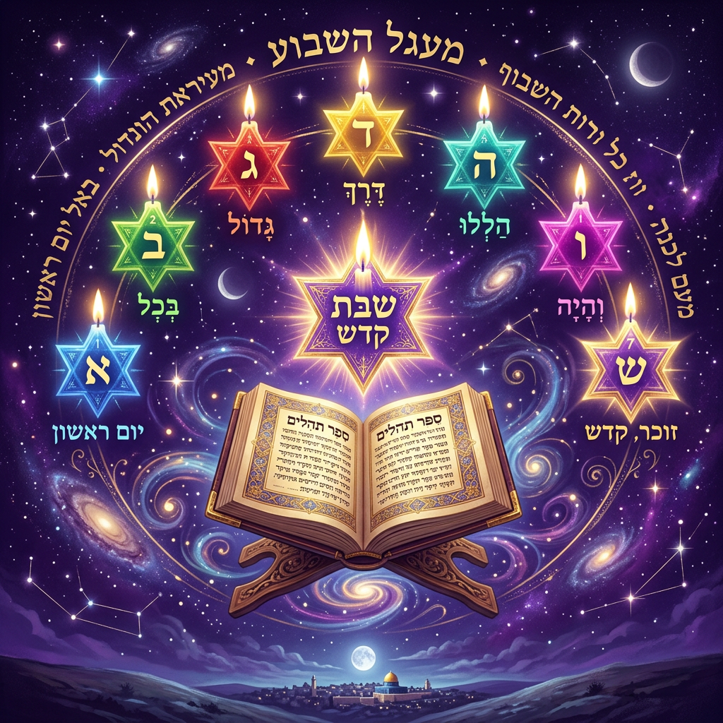 שבעה כוכבים מייצגים ימי השבוע עם ספר תהילים במרכז