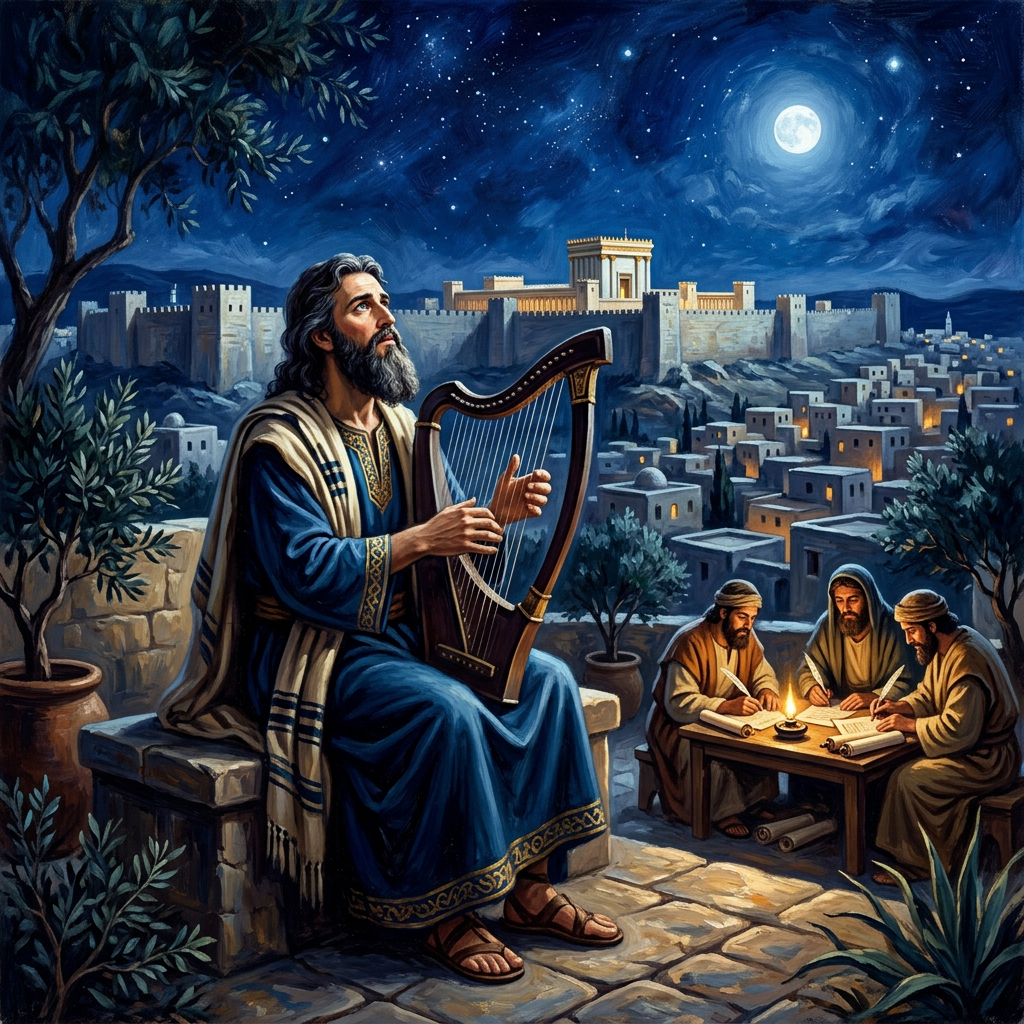 דוד המלך מנגן בכינור תחת שמי לילה בירושלים העתיקה