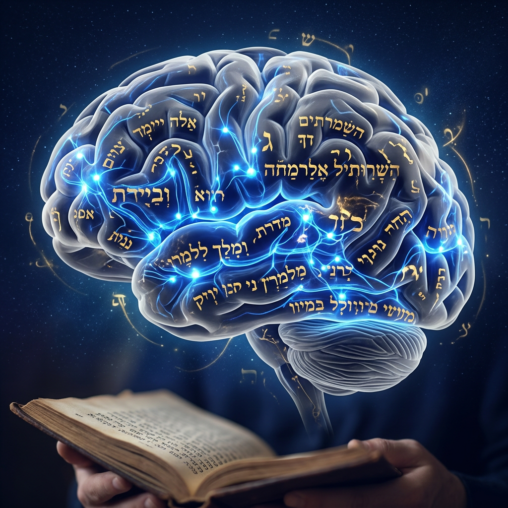 מוח אנושי עם מסלולים עצביים בוהקים בזמן קריאת תהילים