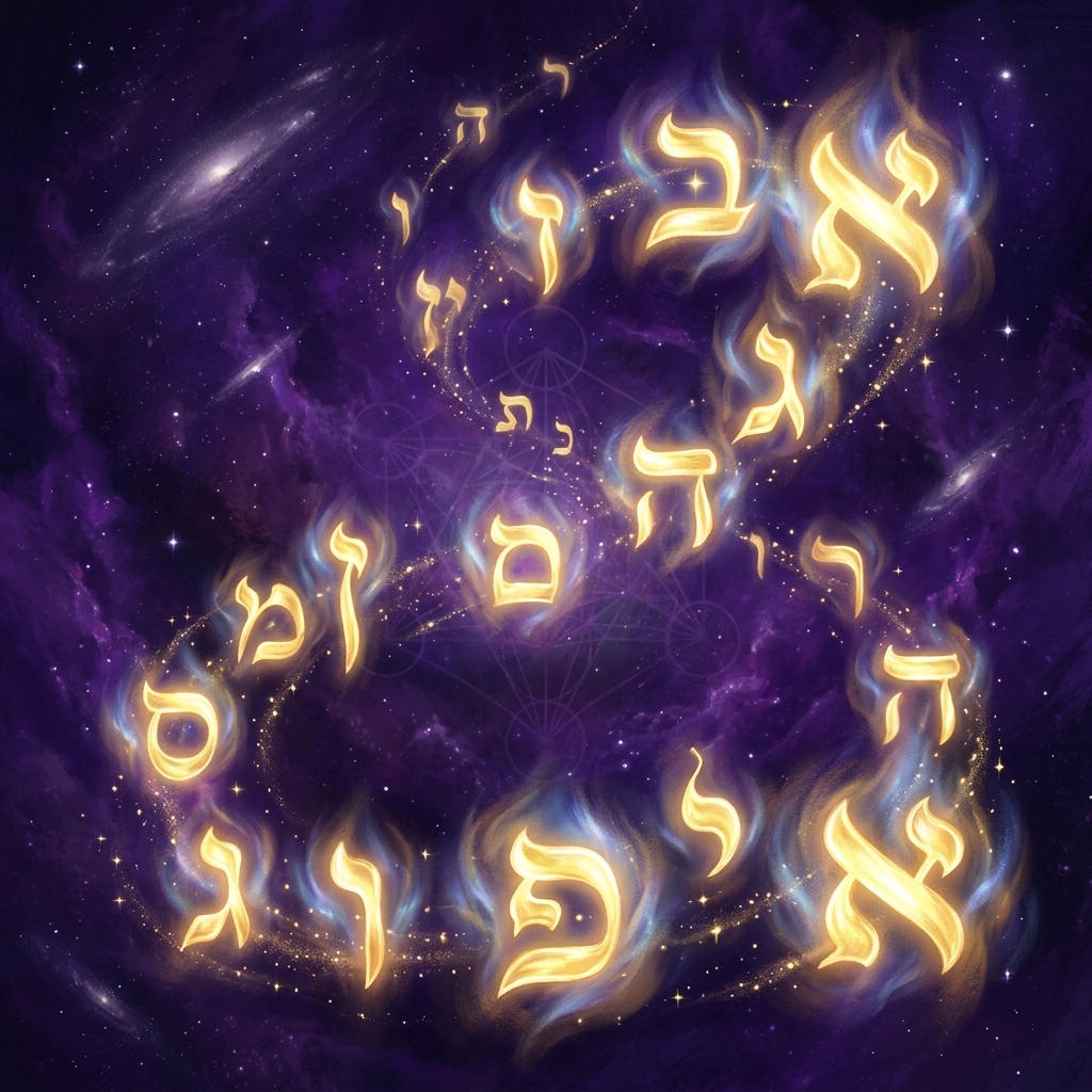 אותיות עבריות מאירות מספר תהילים בחלל סגול מיסטי