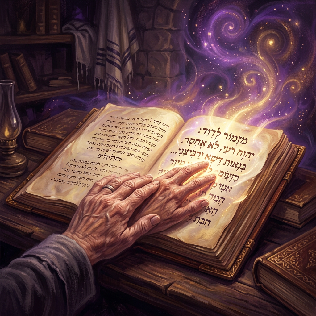 ידיים פותחות ספר תהילים עתיק באור זהוב רוחני