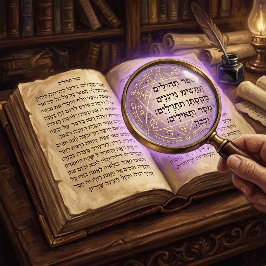 ספר תהילים פתוח עם עדשת הגדלה וסמלים מיסטיים